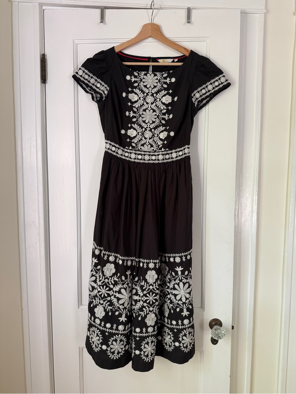 Boden Black Midi Dress with White Floral Embroidery
